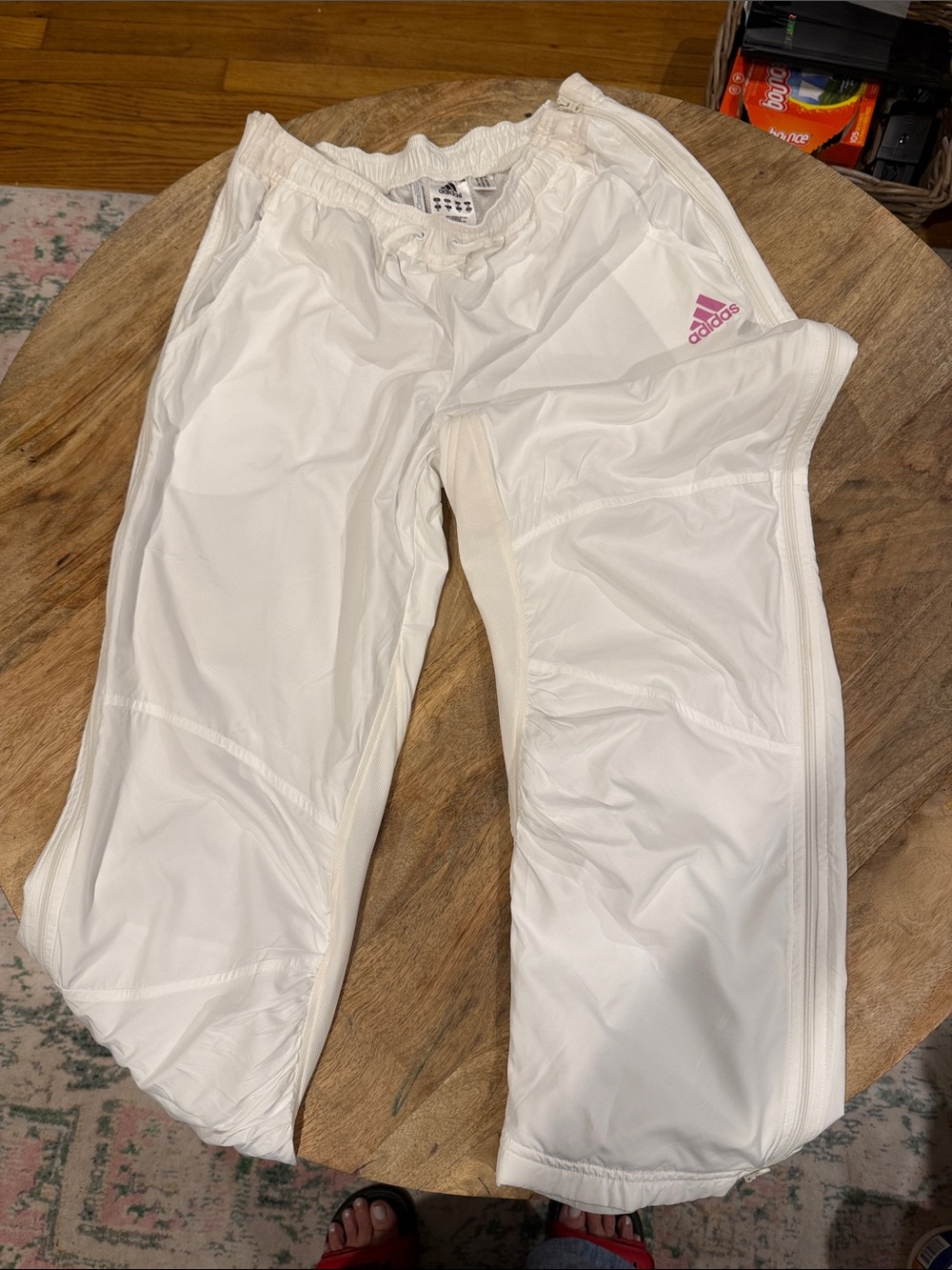 Adidas Women’s White Nylon Pants with Pink Logo Accent